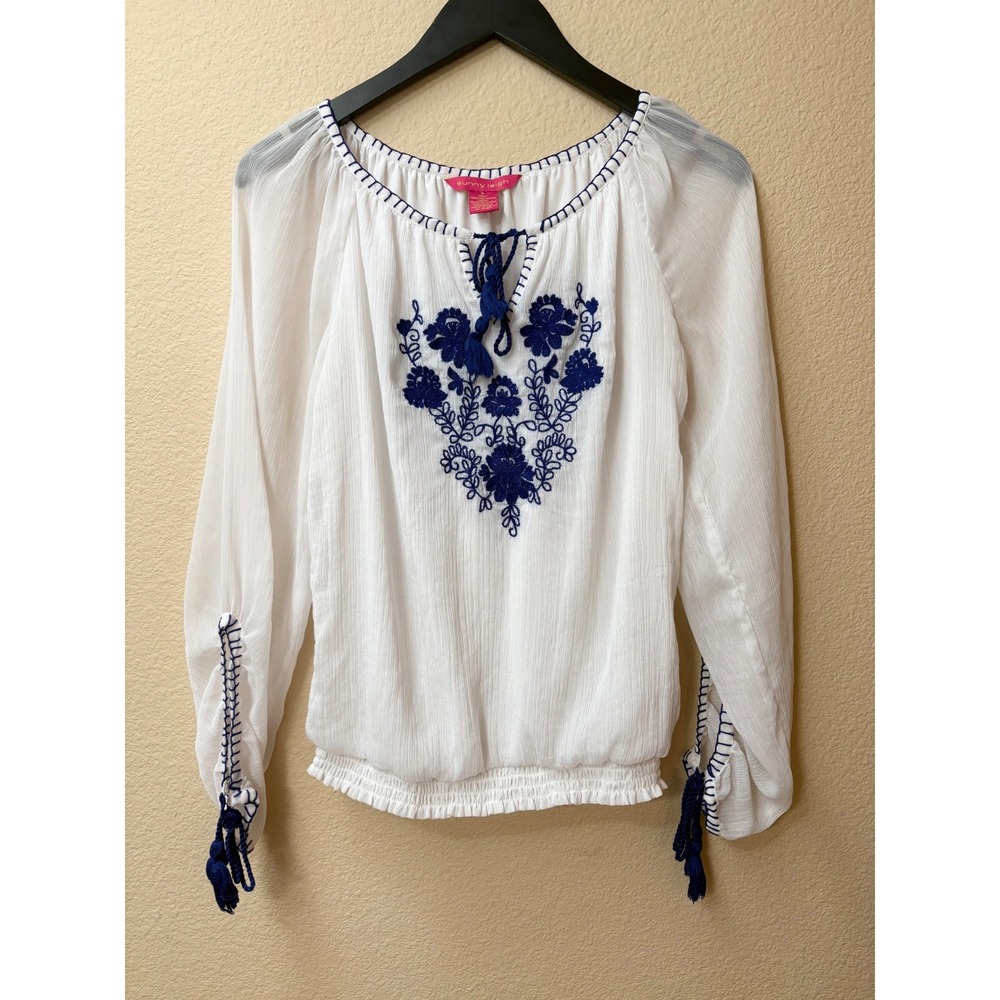 Sunny Leigh White Blue Embroidered Tassel Peasant Blouse Smocked Hem Small